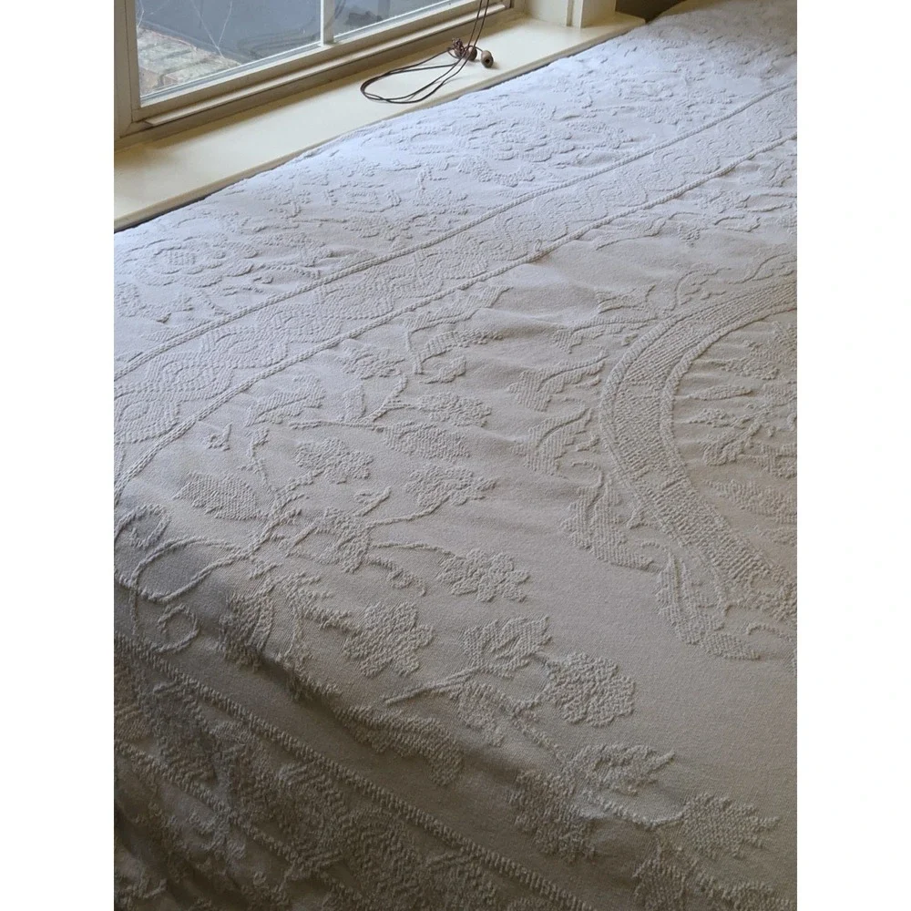 VTG Y2k Crown‎ Crafts Matelasse Bedspread Medallion Fringed Blue Full 